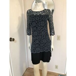 RARE Sfizio Italy Gray Lace Dress W/ Black Pleated Skirt & Gold Bead Neckline 6